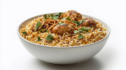 Chicken biryani bowl on white backgrund 