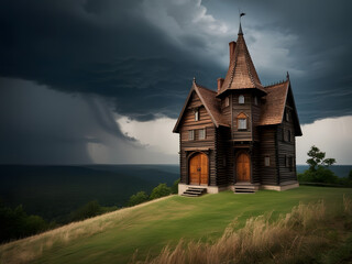 Fototapeta premium a house on a hill with storm clouds in the background.