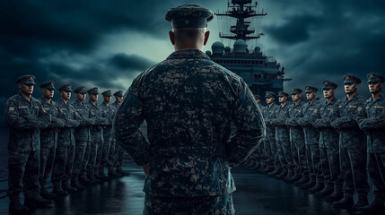 Commander reviewing military navy troops standing in formation