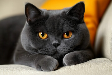 Black British Shorthair cat lounging elegantly on a sofa.