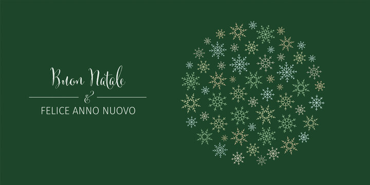 Festive Italian language "Buon Natale & Felice Anno Nuovo" (Merry Christmas & Happy New Year) postcard with different snowflakes forming a christmas bauble on dark green background. Web banner