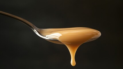 Spoonful of Caramel Dripping Against a Black Background