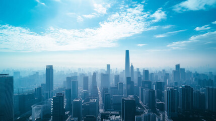 Fototapeta premium Aerial View of City Skyline and High-Rise Buildings Under Blue Sky and White Clouds