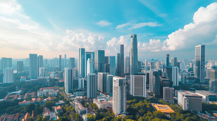 Fototapeta premium Aerial View of City Skyline and High-Rise Buildings Under Blue Sky and White Clouds