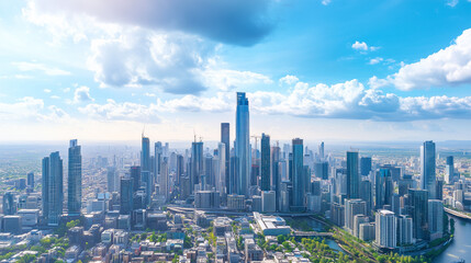 Fototapeta premium Aerial View of City Skyline and High-Rise Buildings Under Blue Sky and White Clouds