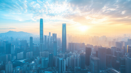 Fototapeta premium Aerial View of City Skyline and High-Rise Buildings Under Blue Sky and White Clouds