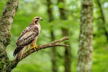 A hawk perched on a tree branch, scanning the forest floor for prey.