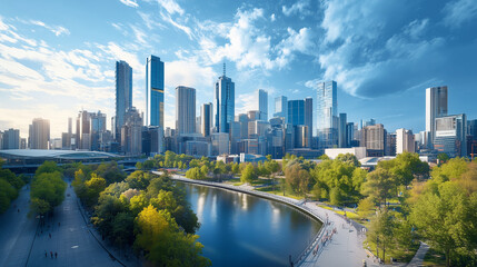 Obraz premium Aerial View of City Skyline and High-Rise Buildings Under Blue Sky and White Clouds