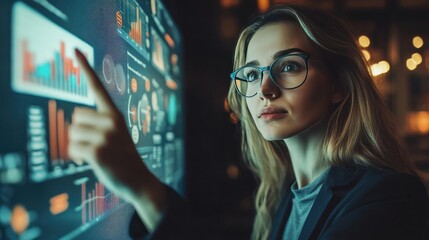 Business Woman Presenting Data on Digital Touch Screen in Night Conference