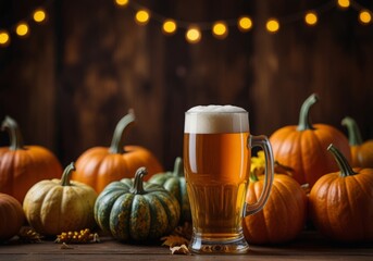glass of beer on a background of pumpkins, Halloween, party in a bar