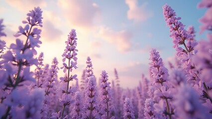 Obraz premium Lavender flowers blooming in the field at sunset. Nature background Generated by AI