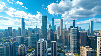 Obraz premium City Skyline and Skyscrapers Under Blue Sky and White Clouds Aerial View