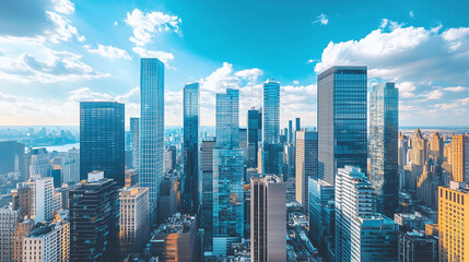 Obraz premium City Skyline and Skyscrapers Under Blue Sky and White Clouds Aerial View