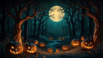 Paper cut illustration of a mystical forest with glowing pumpkins and twisted trees.