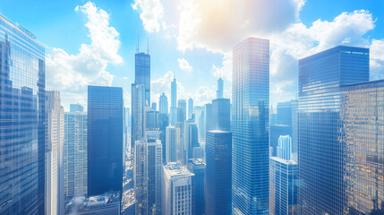 Obraz premium City Skyline and Skyscrapers Under Blue Sky and White Clouds Aerial View