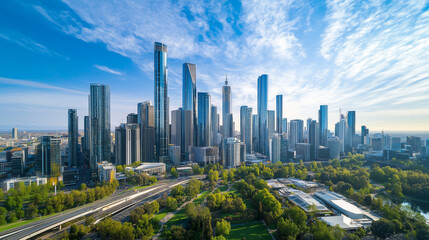 Fototapeta premium City Skyline and Skyscrapers Under Blue Sky and White Clouds Aerial View