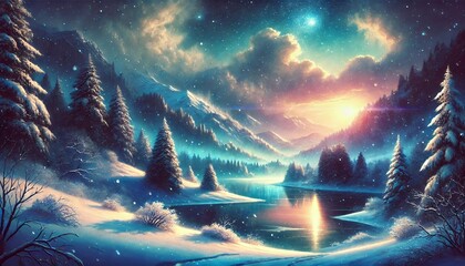 A mystical winter fantasy landscape featuring snow-covered mountains and a serene frozen lake reflecting the soft glow of the setting sun, with distant forests and hills bathed in twilight colors