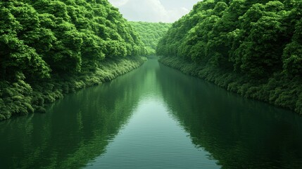 Fototapeta premium Serene Green River Surrounded by Lush Foliage: A Tranquil Escape into Nature's Beauty