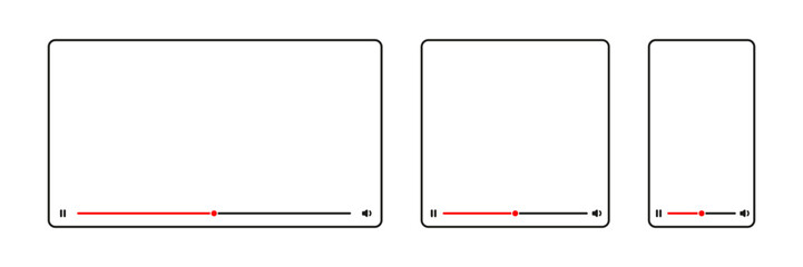 Video player. Media player window. Play video frame vector set. Mobile phone and computer screen online streaming.