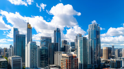 Fototapeta premium City Skyline and Skyscrapers Under Blue Sky and White Clouds Aerial View