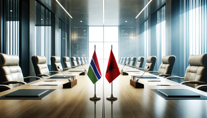 A modern conference room with Gambia and Albania flags on a long table, symbolizing a bilateral meeting or diplomatic discussions between the two nations.