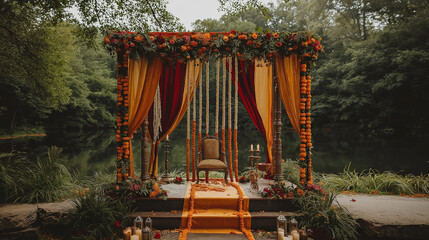 A Traditional Indian wedding mandap adorned with marigold flowers, candles, and red and gold drapery, set against a lush outdoor backdrop