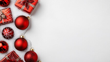 A festive arrangement of red Christmas ornaments and gifts on a light background, evoking holiday cheer and celebration.