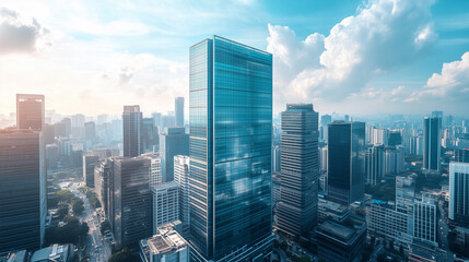 Fototapeta premium Aerial View of City Skyline and High-Rise Buildings Under Blue Sky and White Clouds