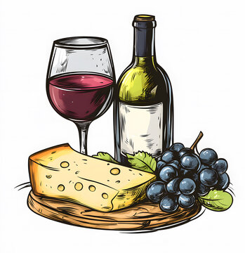 wine bottle, glass, cheese, grapes still life clip art preview