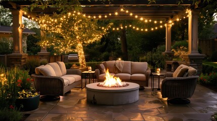 Fototapeta premium A cozy outdoor patio setup with glowing string lights surrounding a welcoming fire pit, creating a warm atmosphere.