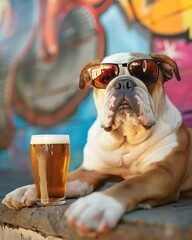 Chill bulldog with sunglasses relaxing with a beer pint outside, artfully captured in a vibrant urban setting.
