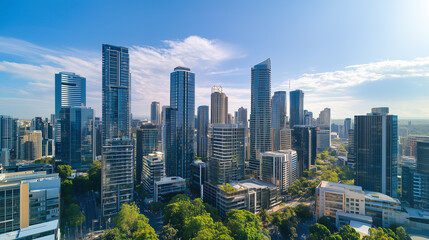 Obraz premium Aerial View of City Skyline and High-Rise Buildings Under Blue Sky and White Clouds