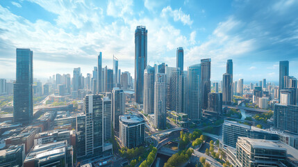 Fototapeta premium Aerial View of City Skyline and High-Rise Buildings Under Blue Sky and White Clouds
