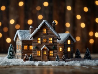 Rustic holiday scene with wooden houses and bokeh lights for winter-themed designs.