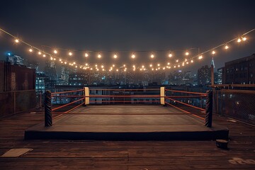 Fototapeta premium boxing ring on rooftop with city skyline under nighttime setting shows unique venue for boxing match, blending urban landscape with sporting event.