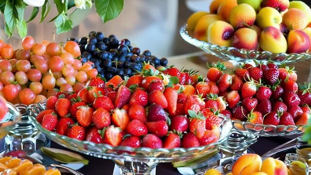 Luxurious buffet table boasting a colorful assortment of fresh fruits, with a captivating centerpiece of vibrant red strawberries piled high