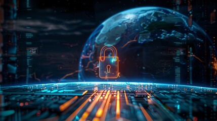 Illuminated digital padlock above futuristic globe on dark background symbolizing cybersecurity