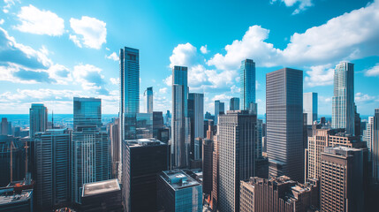 Fototapeta premium Aerial View of City Skyline and High-Rise Buildings Under Blue Sky and White Clouds
