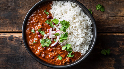 Chili beans rice to view on wooden background, rajma chawal