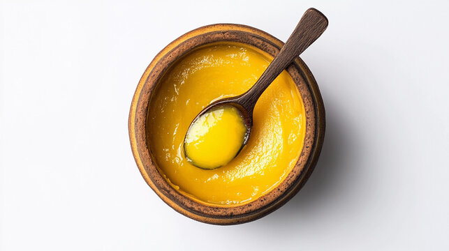 Desi ghee in bowl with spoon on white background