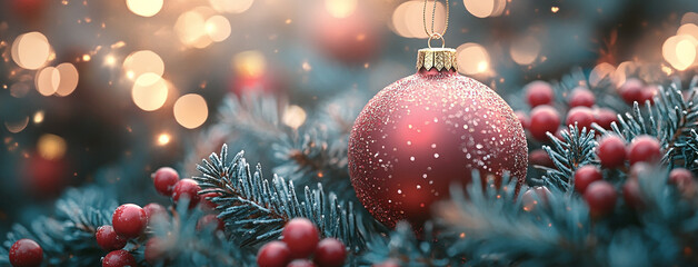 Wide panoramic Xmas décor background banner, red and gold color Christmas balls 