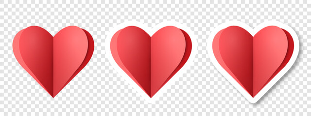 A set of red paper hearts on a transparent background. Cartoon heart sticker. Icons for Valentine's day. Vector illustration.