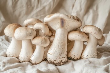  Rustic arrangement of porcini mushrooms, their plump caps and stout stems paired with light, airy crispa mushrooms.