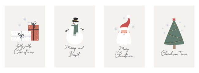Set of Christmas and Happy New Year cards. Christmas quotes with Santa Claus, gifts, cute snowman and Christmas tree. Vector holiday illustration. Season greeting. 