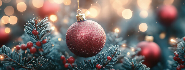 Wide panoramic Xmas décor background banner, red and gold color Christmas balls 