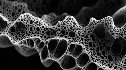 Detailed mesh structure with porous texture, evoking complexity and intricacy like a natural sponge formation.