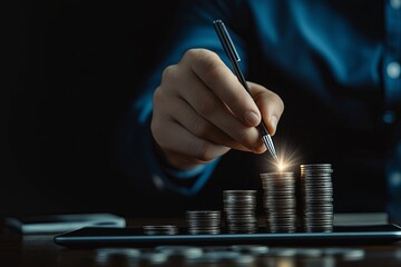 Hand stacking coins on a tablet, financial growth concept.