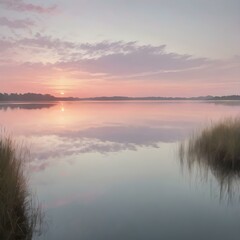 Fototapeta premium A serene early morning sky, with soft pastel colors as the sun rises, reflecting on the water below and casting a gentle glow 