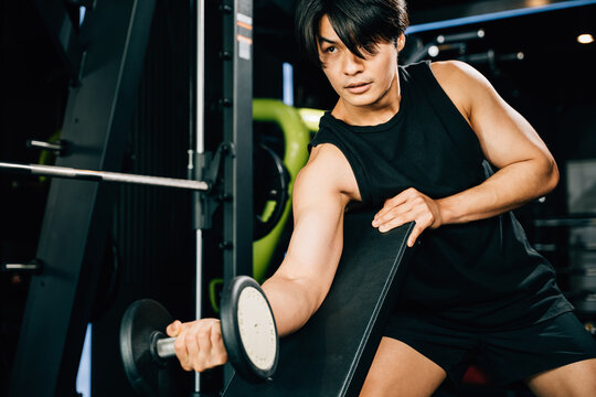 Asian man Muscular guy lifting dumbbell while sitting on bench gym, men using dumbbell during workout pumping up bicep muscle at fitness gym, workout healthy lifestyle concept