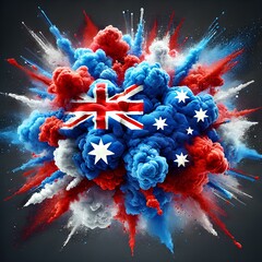 The Australian flag explodes in vibrant clouds of blue, red, and white powder, creating a bold and dynamic visual effect.